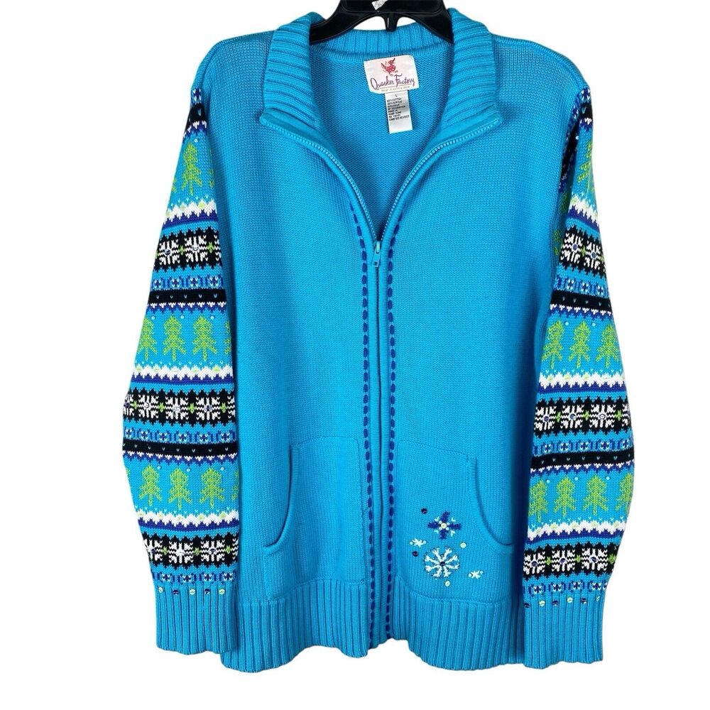 Quacker Factory Winter Fair Isle Sweater L Festive Blue Beaded Snowflake